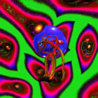 Colorful digital artwork: Psychedelic mushrooms on green stalks against neon background