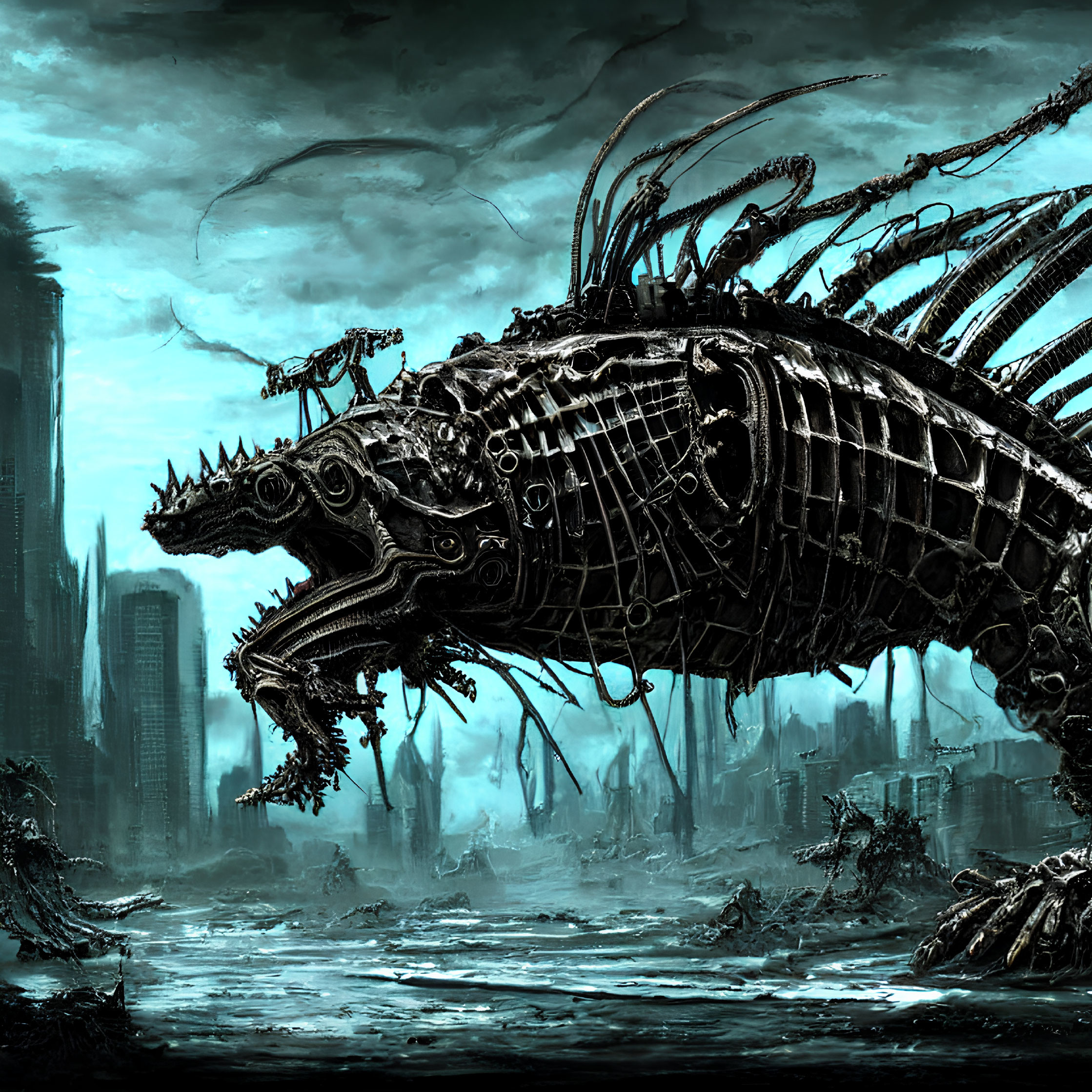 Enormous mechanical lizard in dystopian landscape with ruins.