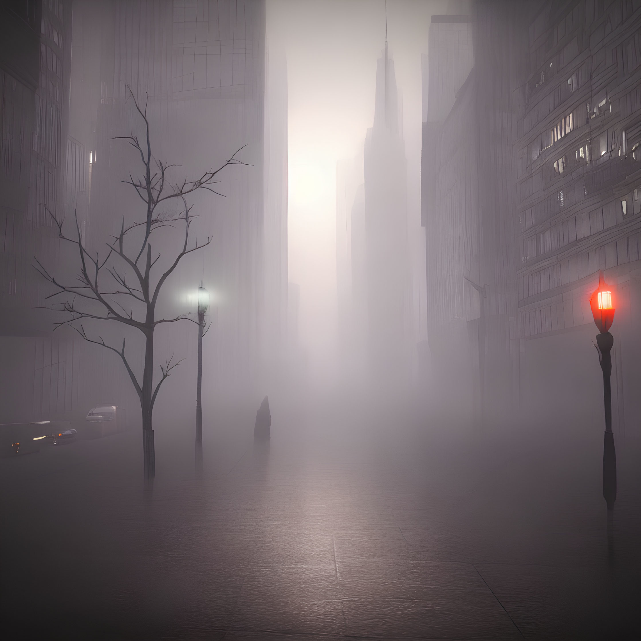 Foggy cityscape with glowing street lamp, barren tree, and lone pedestrian