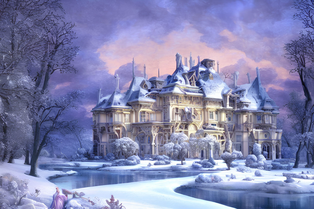 Victorian mansion in snowy landscape with bare trees and frozen river