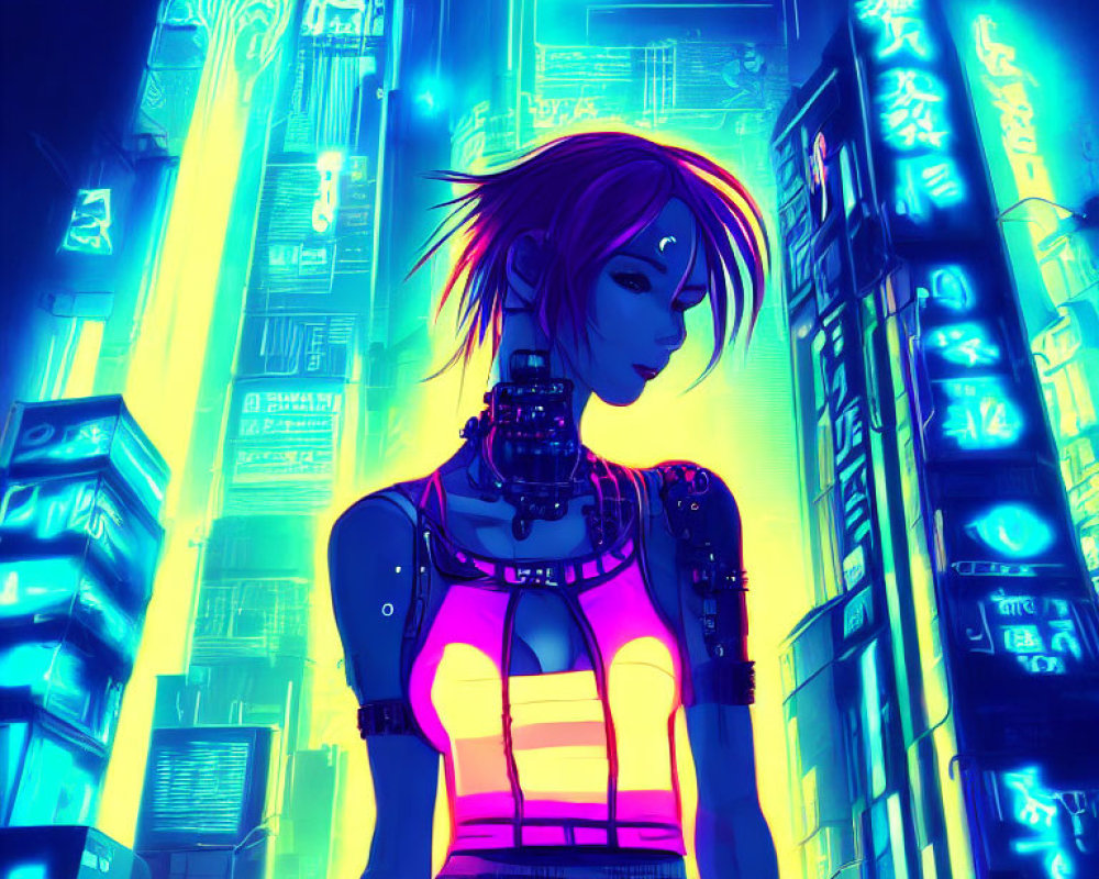 Cyberpunk girl with cybernetic enhancements in neon-lit futuristic cityscape