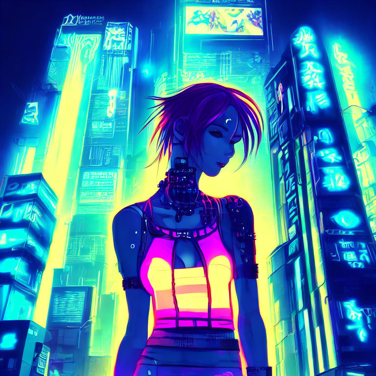 Cyberpunk girl with cybernetic enhancements in neon-lit futuristic cityscape