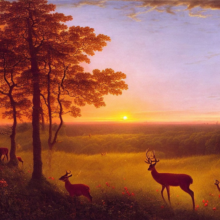 Tranquil sunset landscape with deer, forest edge, greenery, and vibrant sky