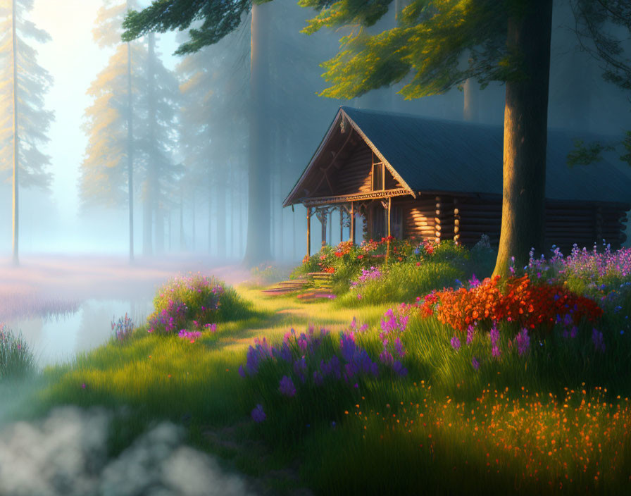 Tranquil forest cabin scene with golden sunlight and misty trees