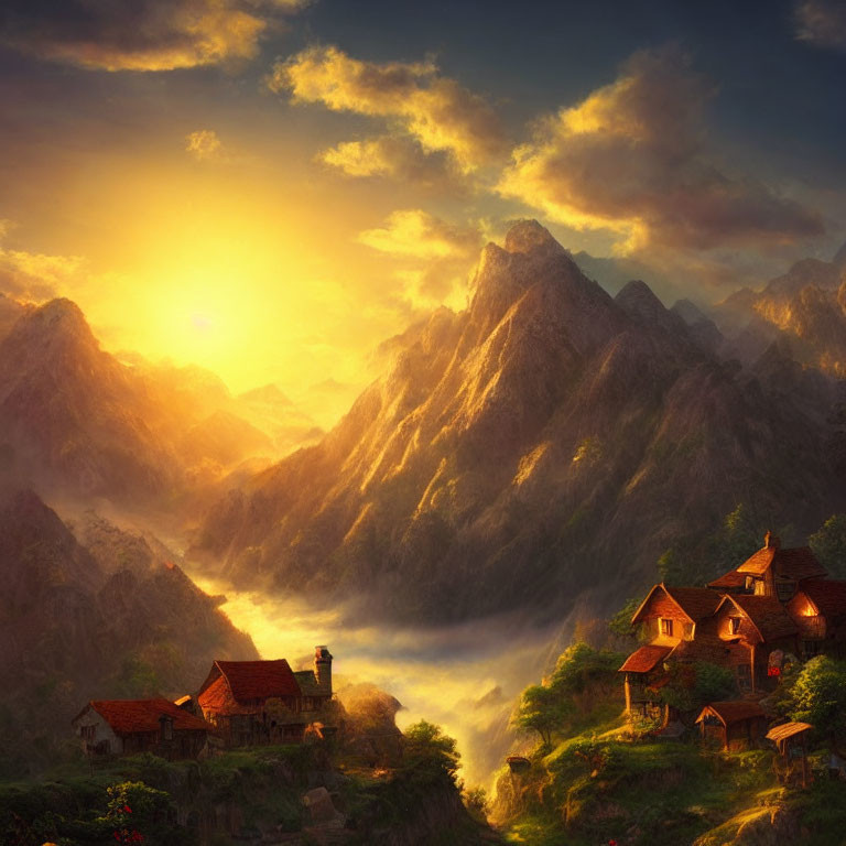 Picturesque village surrounded by majestic mountains at sunrise