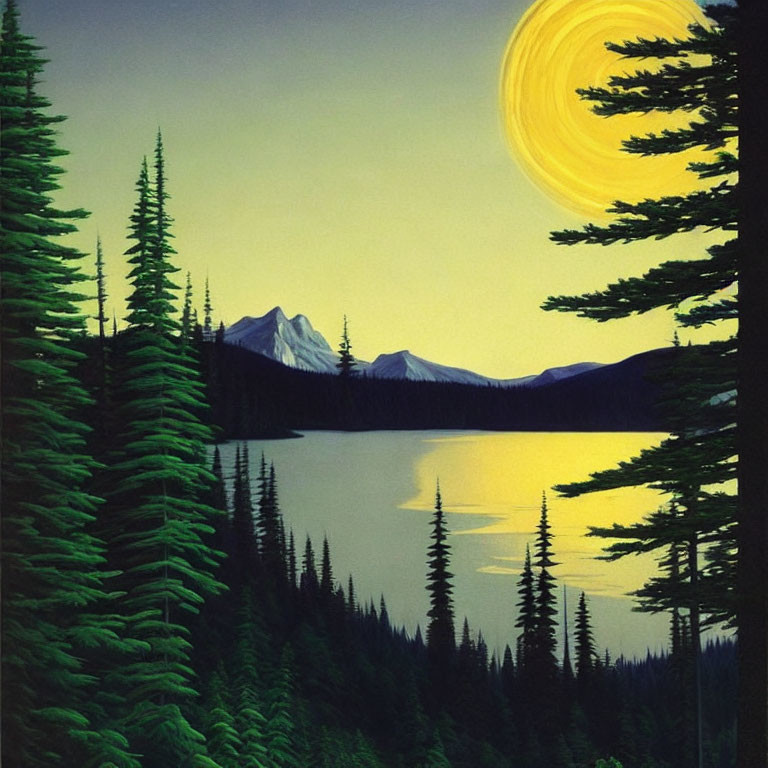 Scenic painting of serene lake, pine trees, and golden sky