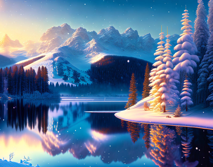 Snow-covered trees, mountains, and lake in serene winter twilight