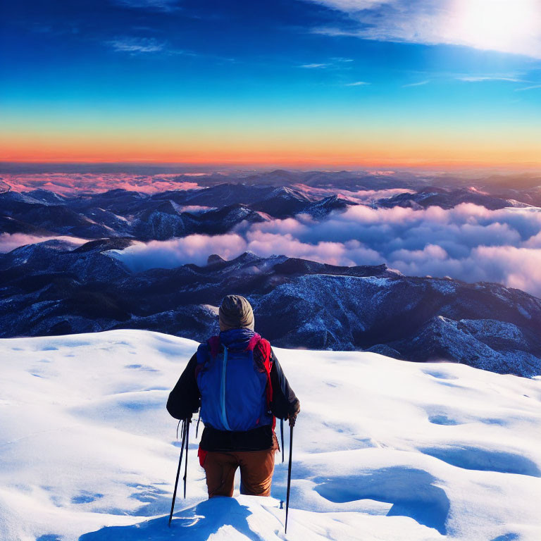 Hiker on Snowy Peak at Sunrise with Sea of Clouds