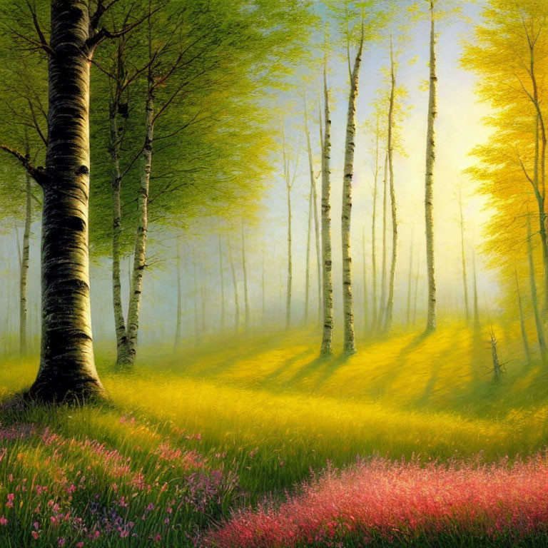 Tranquil Birch Forest with Sunlight and Flowers