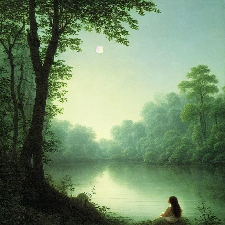Woman sitting by riverbank in tranquil forest scene with moon's reflection.