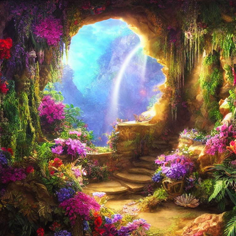 Colorful Fantasy Cave with Natural Archway and Sunbeam