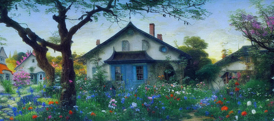 Tranquil countryside scene with house, trees, and garden at twilight