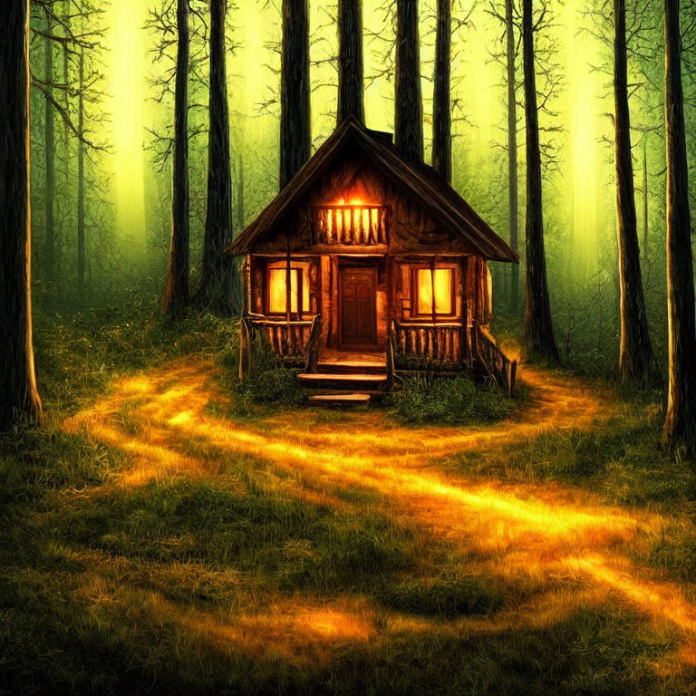 Cozy wooden cabin in misty forest with glowing lights