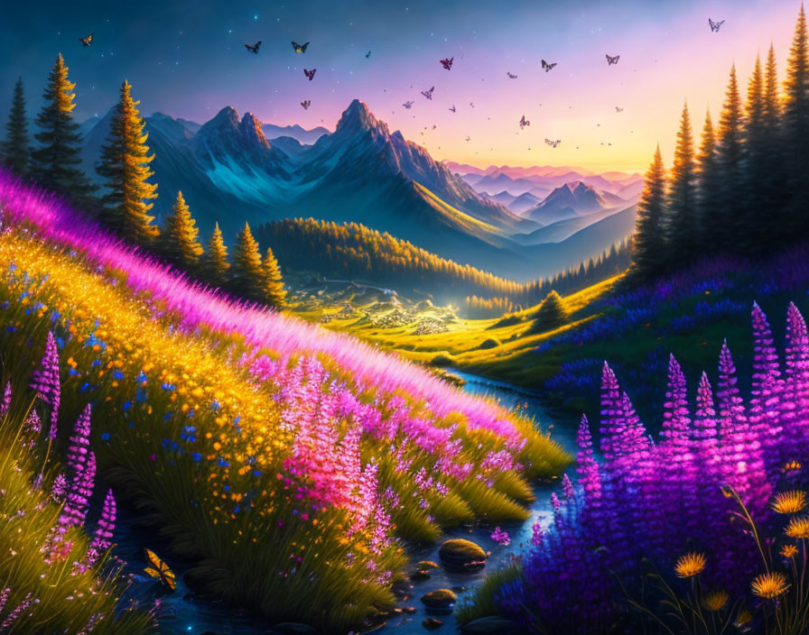 Twilight landscape with wildflowers, stream, mountains, and birds