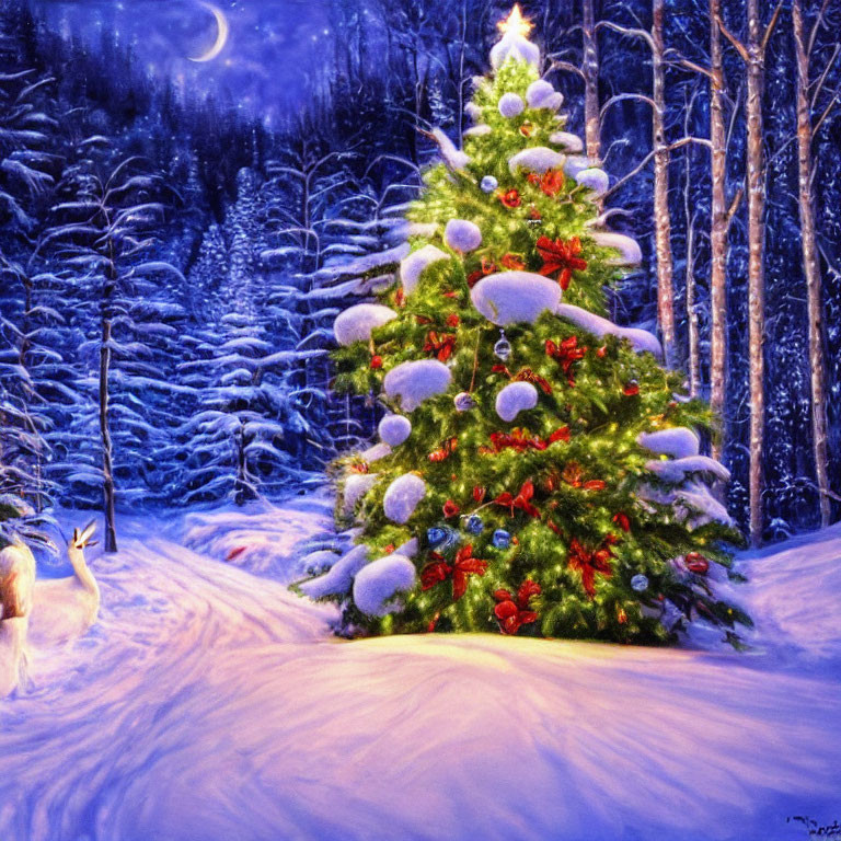 Snowy forest Christmas tree with rabbit under moonlit sky