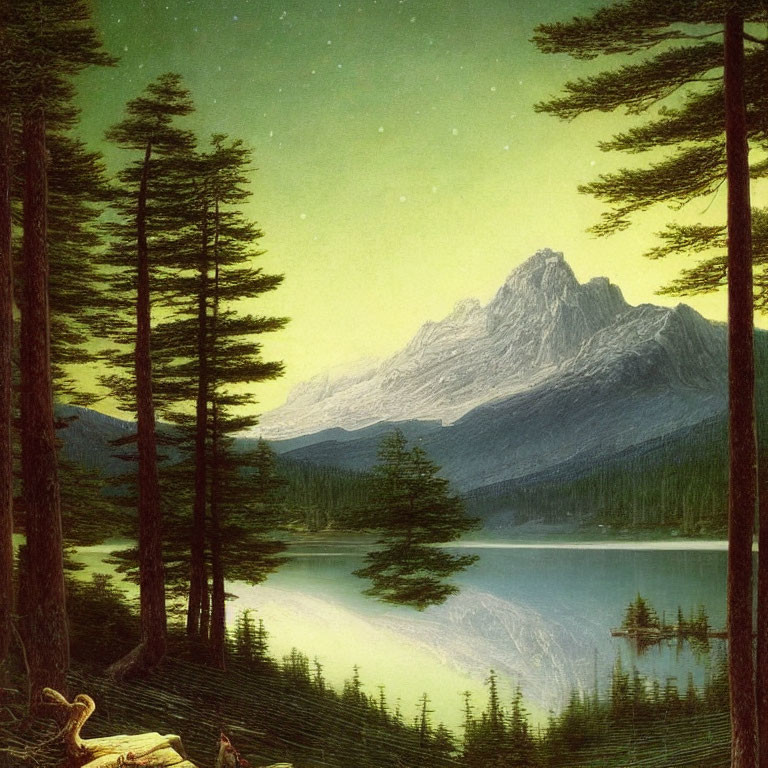 Tranquil Dusk Landscape with Pine Trees, Mountain Lake, and Starry Sky