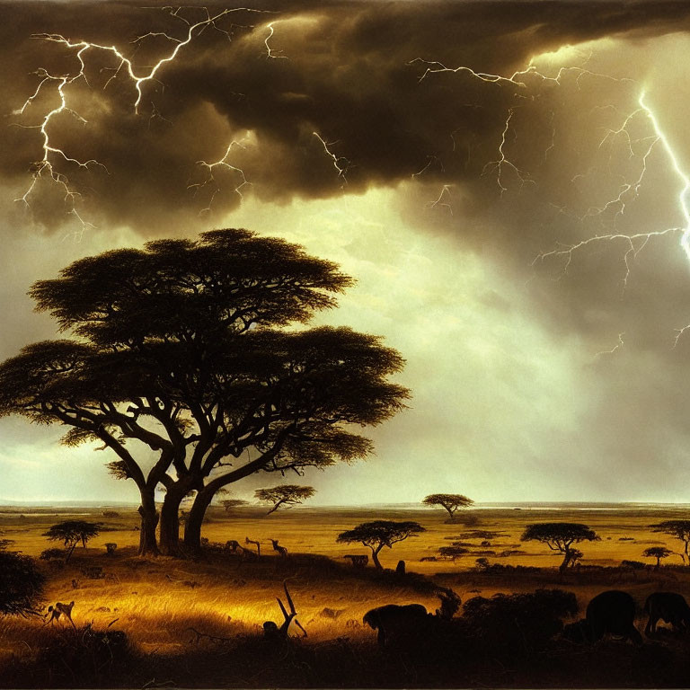 Savannah Landscape: Lightning skies, Acacia trees, African wildlife