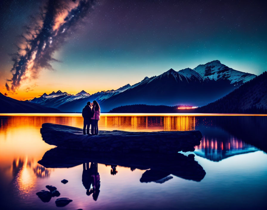 Couple standing by calm lake at twilight with vibrant sunset and starry sky above mountains.