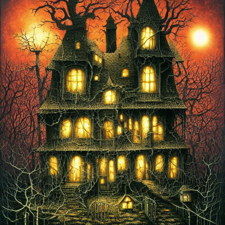 Spooky multi-story haunted house with glowing windows and red moons