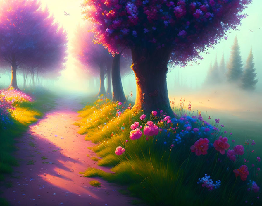Sunlit Path Through Vibrant Forest with Flowering Trees