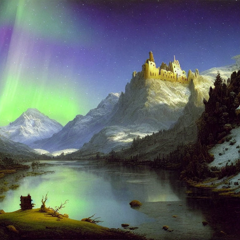 Castle on Rocky Mountain with Northern Lights Over Calm Lake