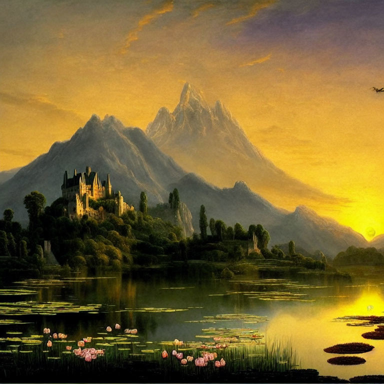 Scenic landscape painting: castle, lake, mountains, bird, sunset