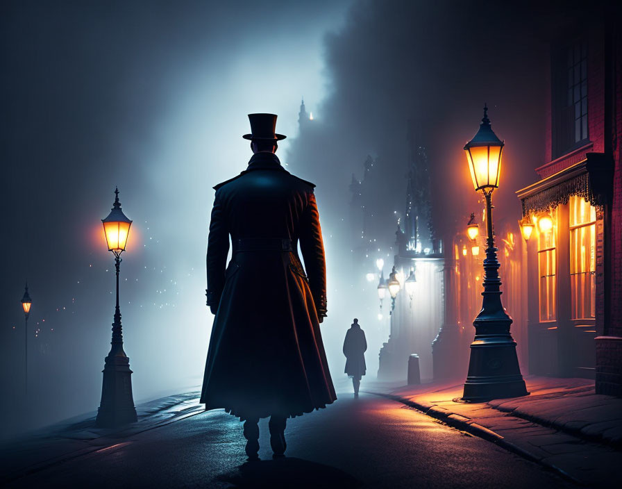 Victorian-era street scene with person in long coat and top hat in foggy setting