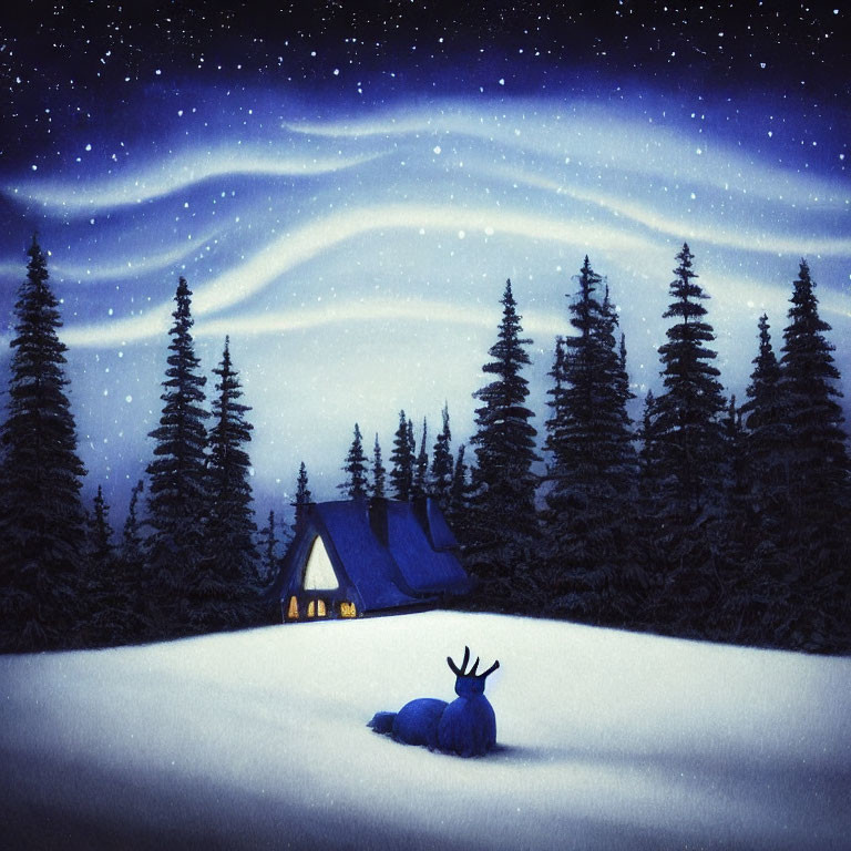 Snow angel scene near cabin under starry sky.