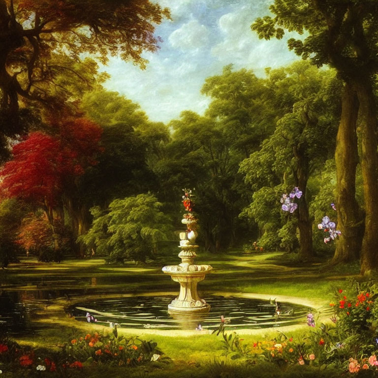 Tranquil garden with white tiered fountain in serene pond