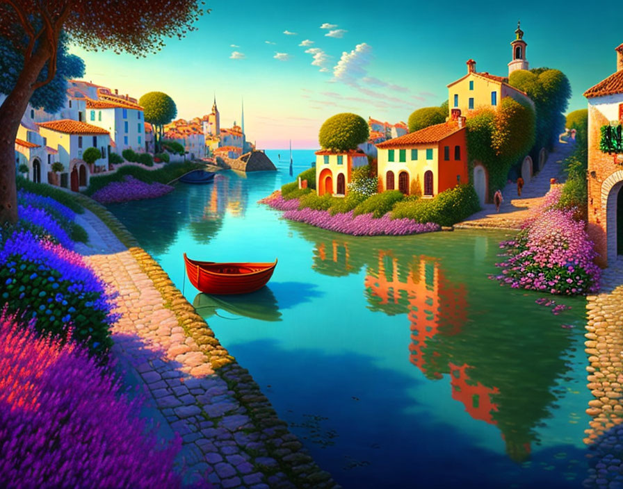 Colorful Digital Artwork: Idyllic Mediterranean Village with Red Boat and Flowers