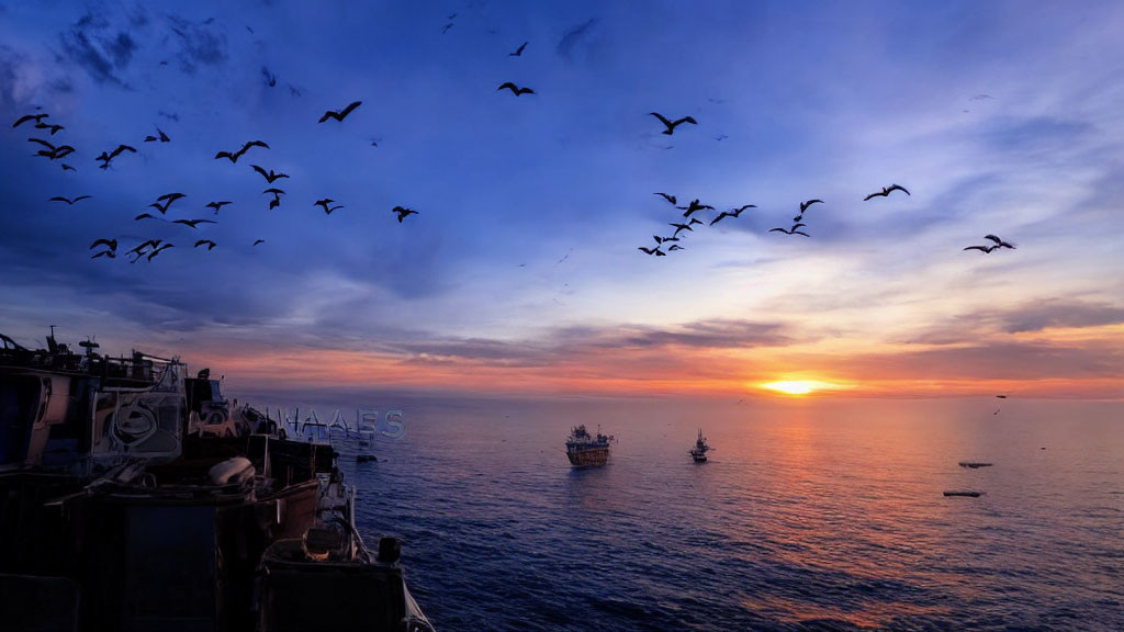 Birds and boats silhouetted at sea under purple and orange sunset sky