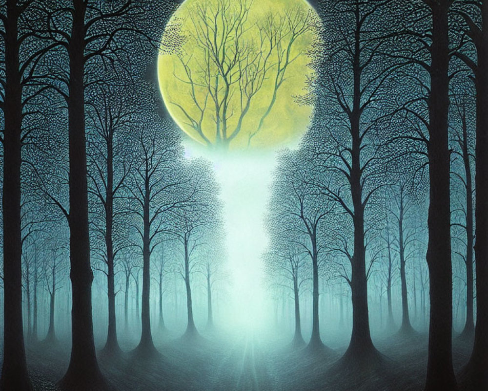 Surreal night forest painting with bright moon and illuminated tree