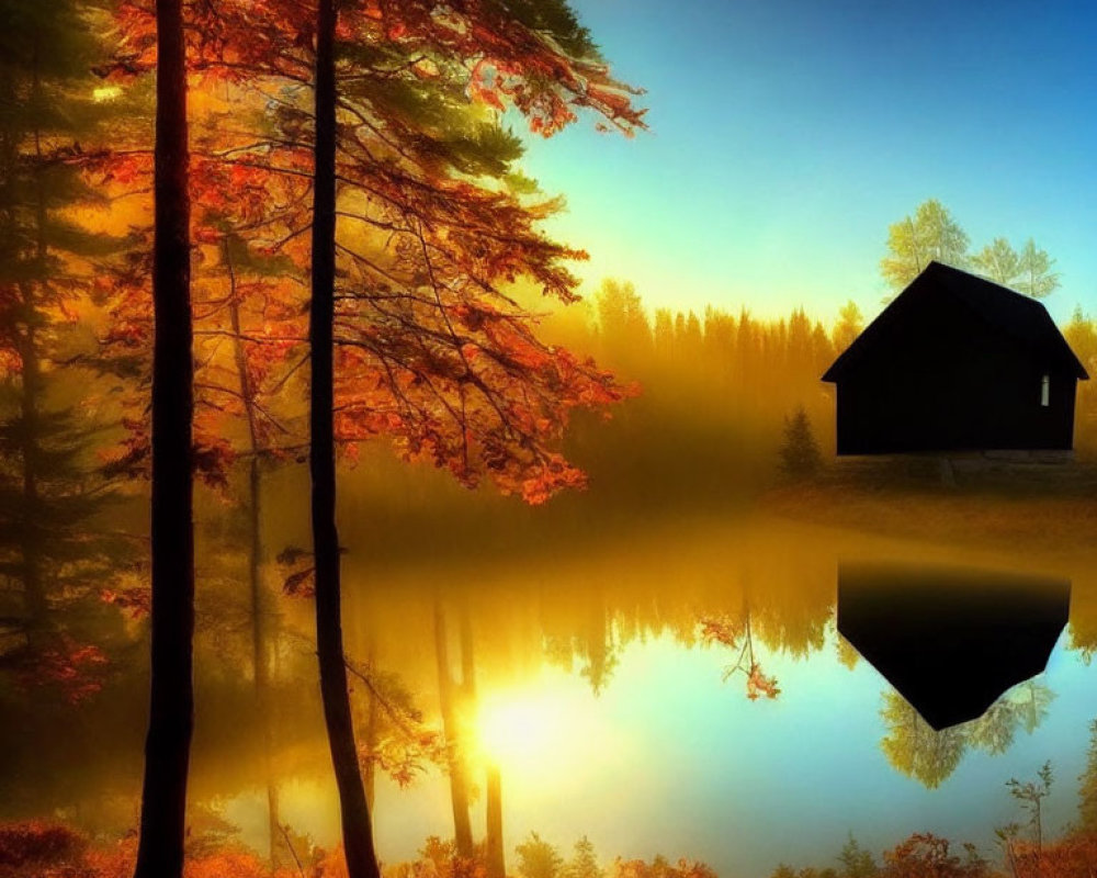 Tranquil autumn cabin reflected in lake amid vibrant foliage