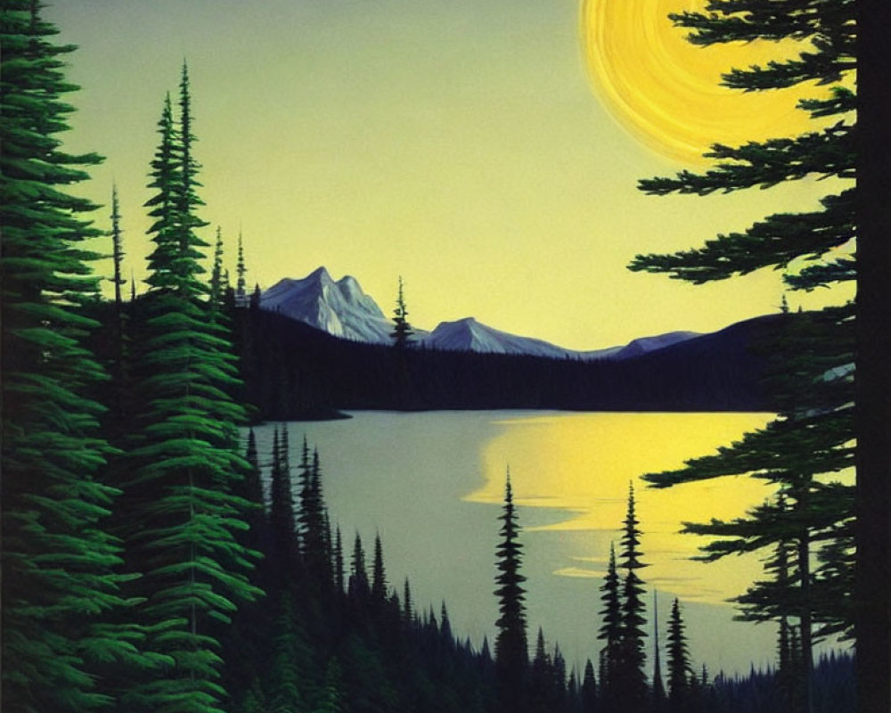 Scenic painting of serene lake, pine trees, and golden sky