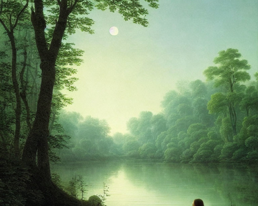 Woman sitting by riverbank in tranquil forest scene with moon's reflection.