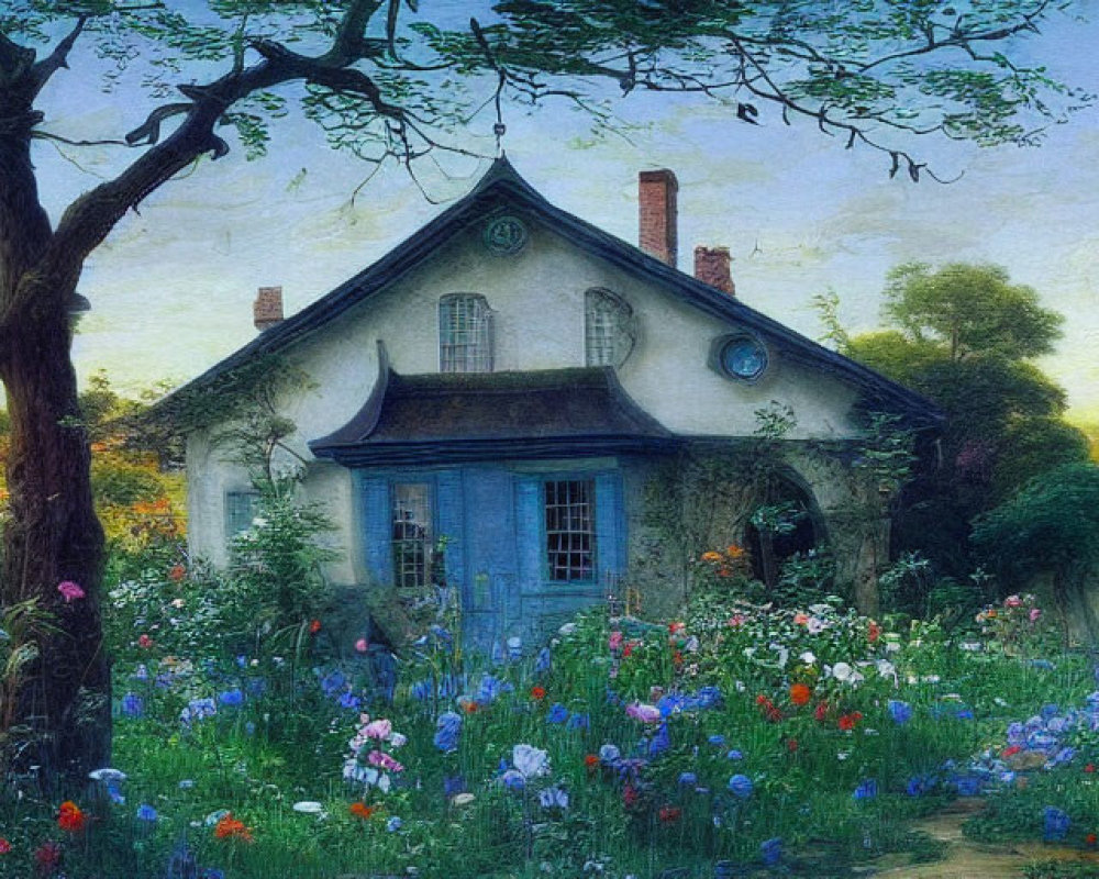 Tranquil countryside scene with house, trees, and garden at twilight