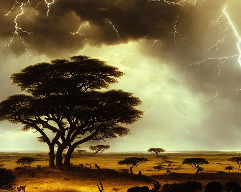 Savannah Landscape: Lightning skies, Acacia trees, African wildlife