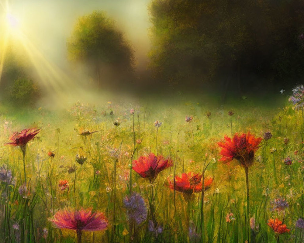 Serene meadow with red flowers and greenery in sunlight mist