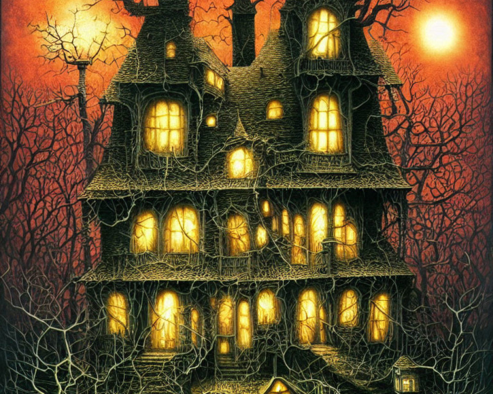 Spooky multi-story haunted house with glowing windows and red moons