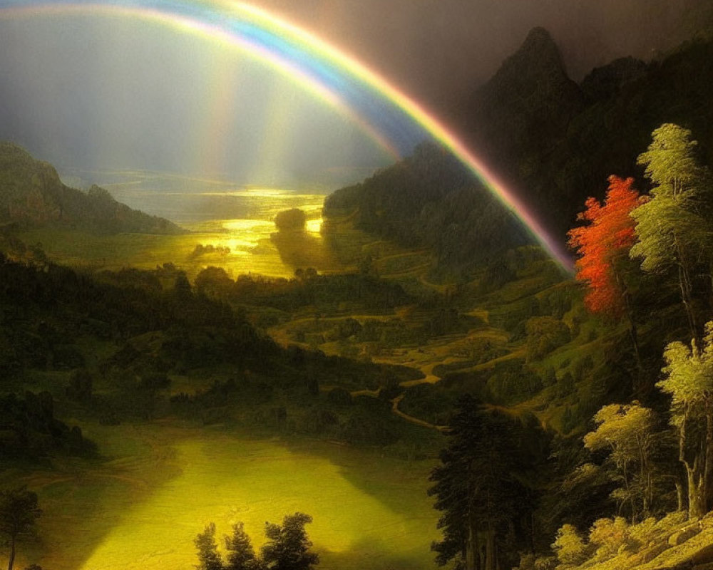 Vibrant rainbow over sunlit valley with misty mountains