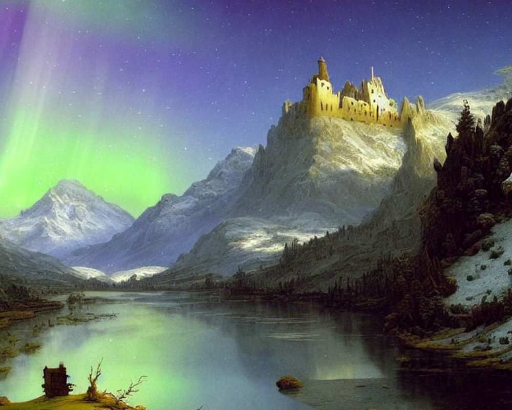 Castle on Rocky Mountain with Northern Lights Over Calm Lake