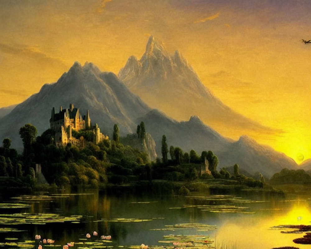 Scenic landscape painting: castle, lake, mountains, bird, sunset