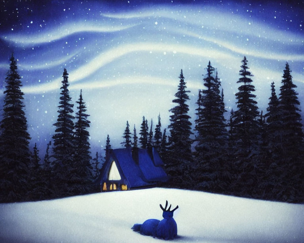 Snow angel scene near cabin under starry sky.