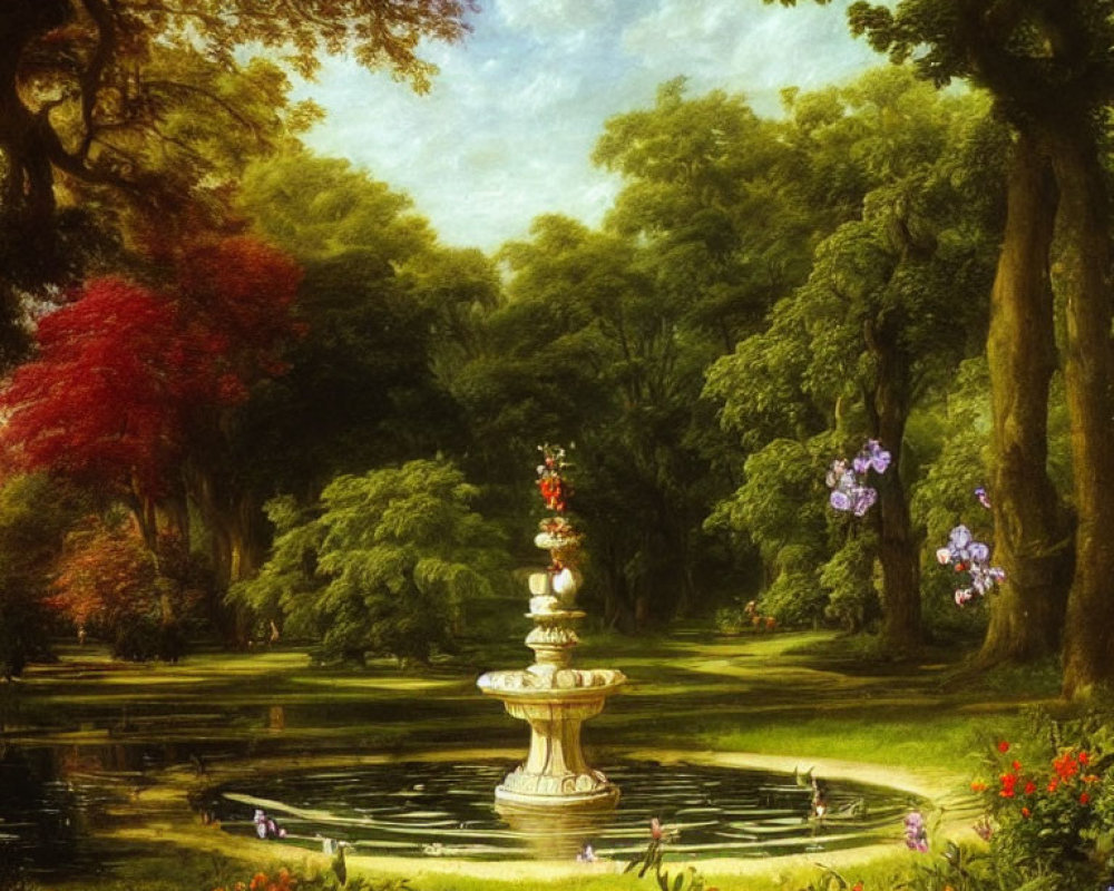 Tranquil garden with white tiered fountain in serene pond