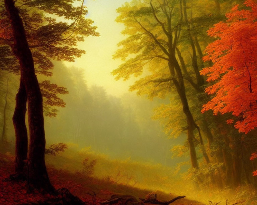 Tranquil Autumn Forest with Golden Sunlight and Vibrant Leaves