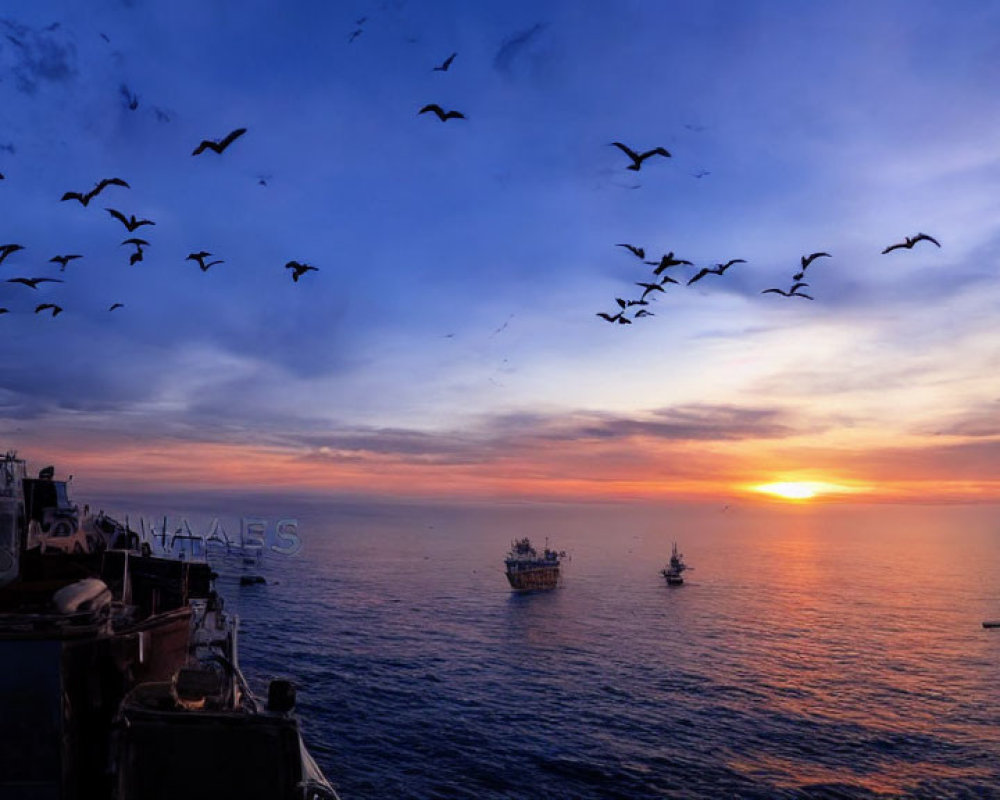 Birds and boats silhouetted at sea under purple and orange sunset sky