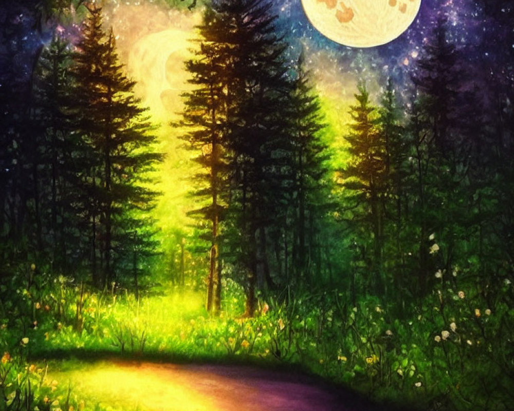 Enchanting night forest scene with glowing path, starry sky, and detailed moon