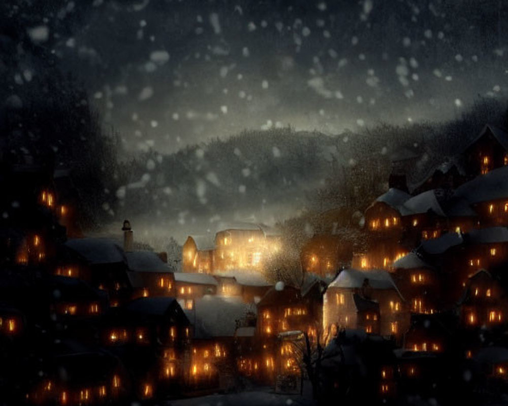 Snow-covered village at night with warm lights and heavy snowfall