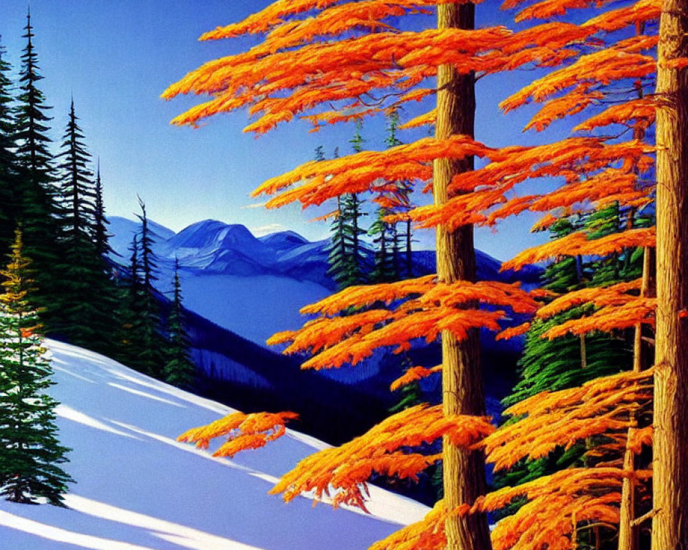 Scenic winter landscape with bright orange trees and snowy mountains