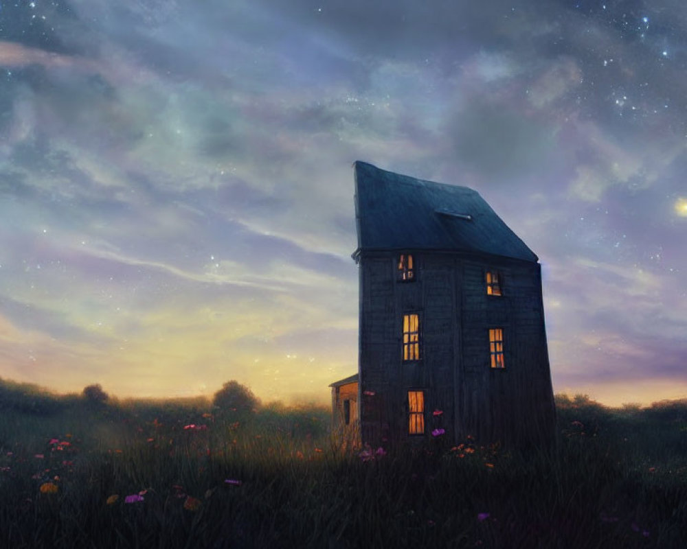 Tall narrow house in twilight meadow under starry sky with glowing lights